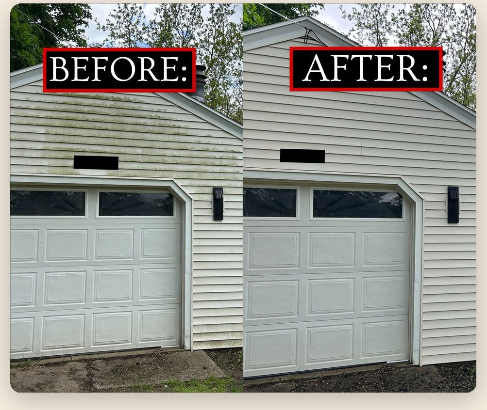 Before and after of algae-covered siding above a garage door, green on the left and clean on the right